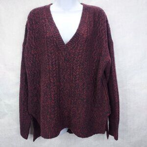 Sundance Sweater Womens Large Chenille Cable Knit Maroon Red Black Marled V-Neck